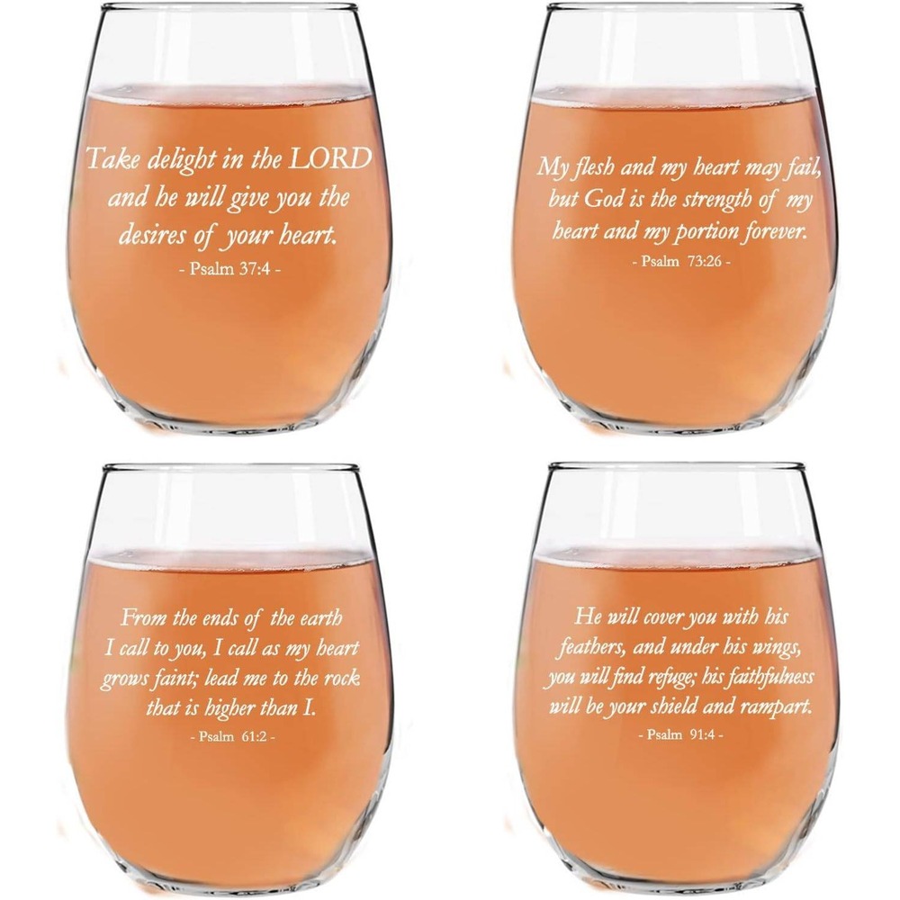 Psalms 4 Pack Stemless Wine Glasses Etched Bible Verse Religious Glassware Set